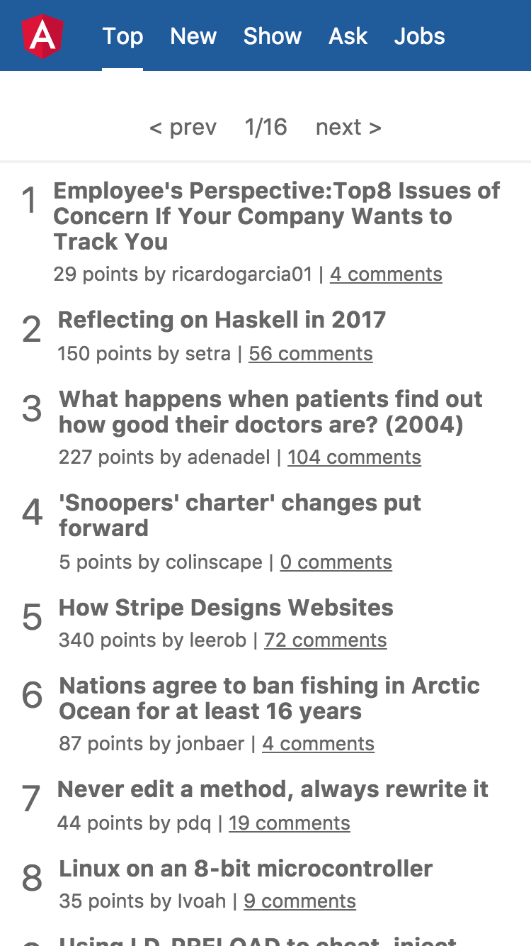 Angular Hacker News HN PWA running on a mobile phone